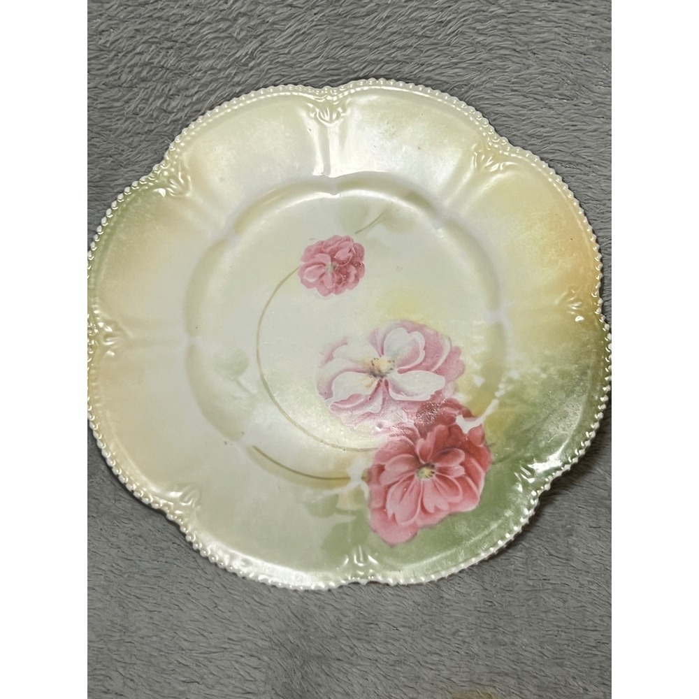 Vintage RS Germany Floral Porcelain Plate Beaded Edge Pink Flowers 7 Inch‎